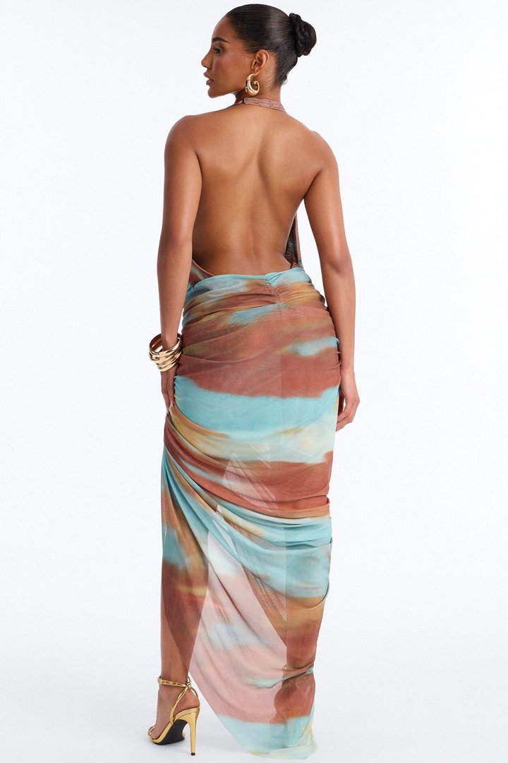Leila Mesh Deep Cowl Maxi Dress - Teal/combo