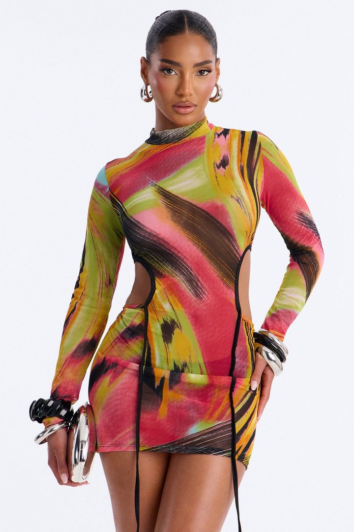 Baby You're Electric Long Sleeve Mesh Mini Dress - Multi Color