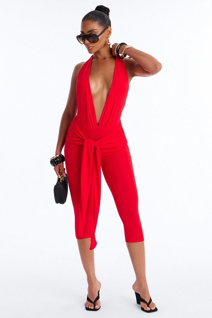 Karla Plunge Capri Catsuit - Red