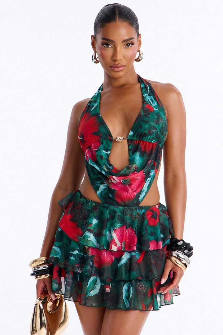 Jaded Floral Mesh Mini Dress - Green/combo