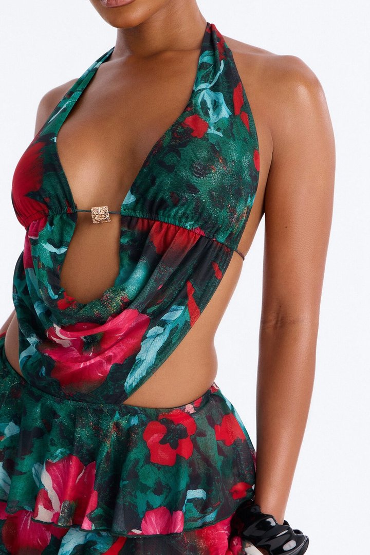 Jaded Floral Mesh Mini Dress - Green/combo