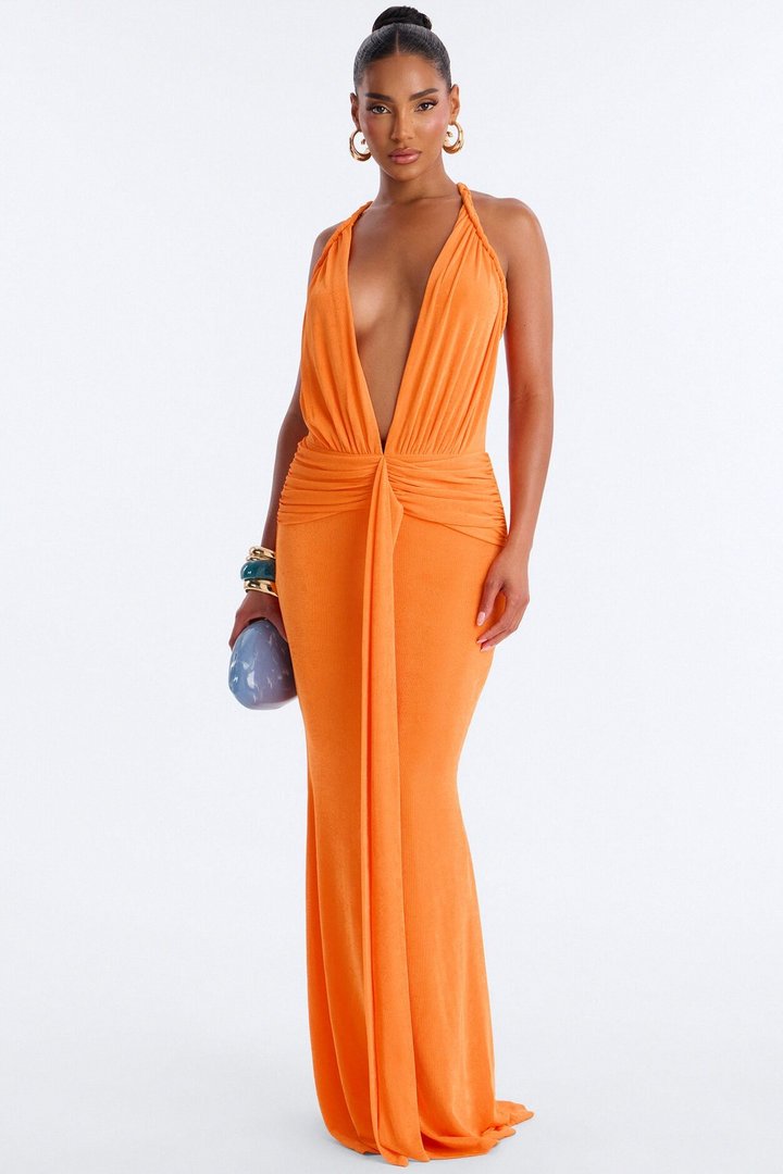 No Budget Braided Slinky Maxi Dress - Neon Orange