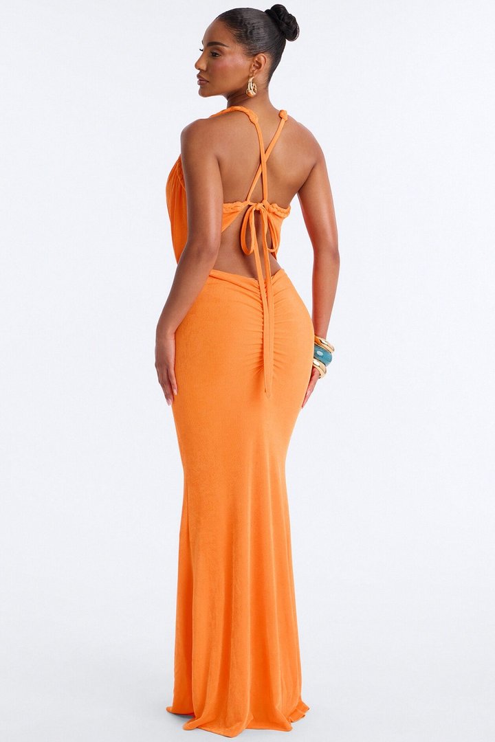 No Budget Braided Slinky Maxi Dress - Neon Orange