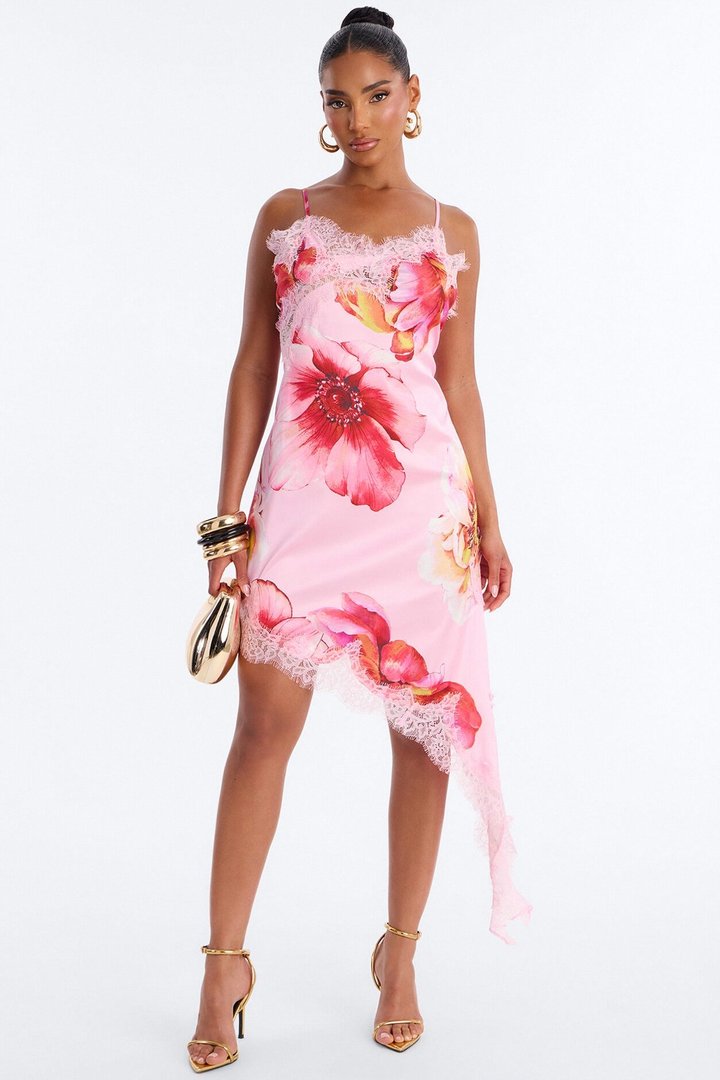 Emery Floral Satin Midi Dress - Pink