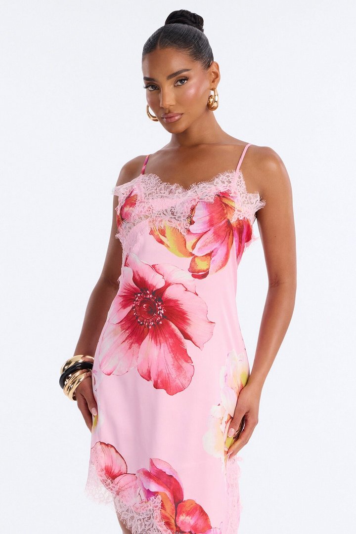Emery Floral Satin Midi Dress - Pink