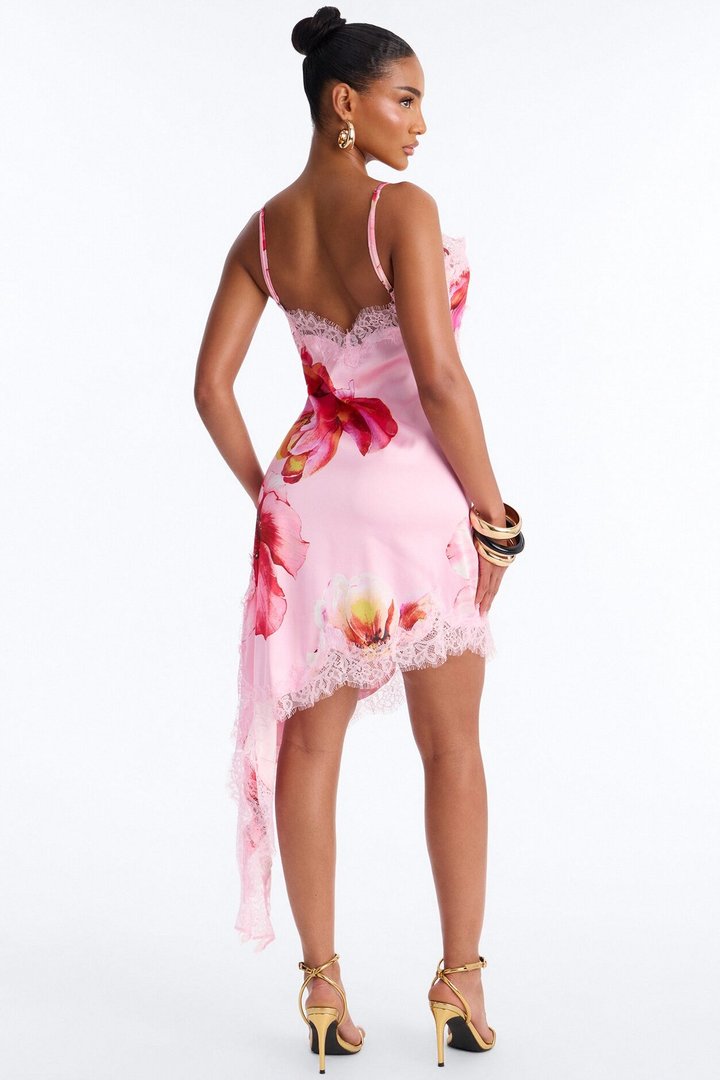 Emery Floral Satin Midi Dress - Pink