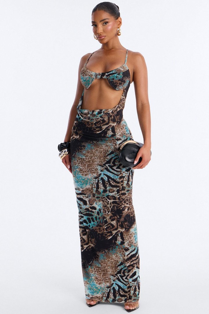 Portia Cut Out Mesh Maxi Dress - Brown/combo