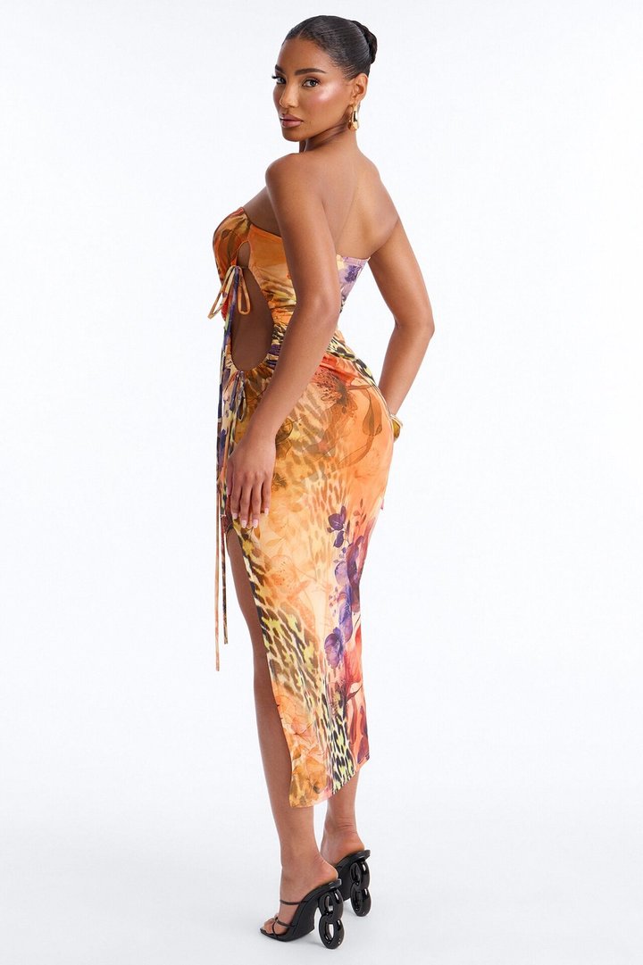 Kala Animal Mesh Midi Dress - Orange/combo
