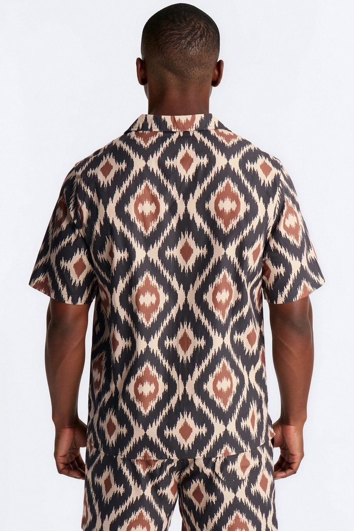Relaxed Geometric Sahara Cuban Collar Button Up Shirt - Black/Brown