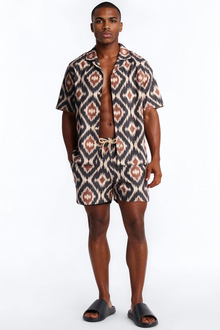 Geometric Sahara Swim Trunk 7″ - Black/Brown