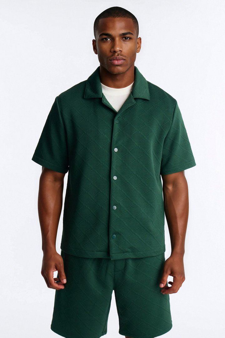 Duke Textured Cuban Button Up Shirt - Hunter Green