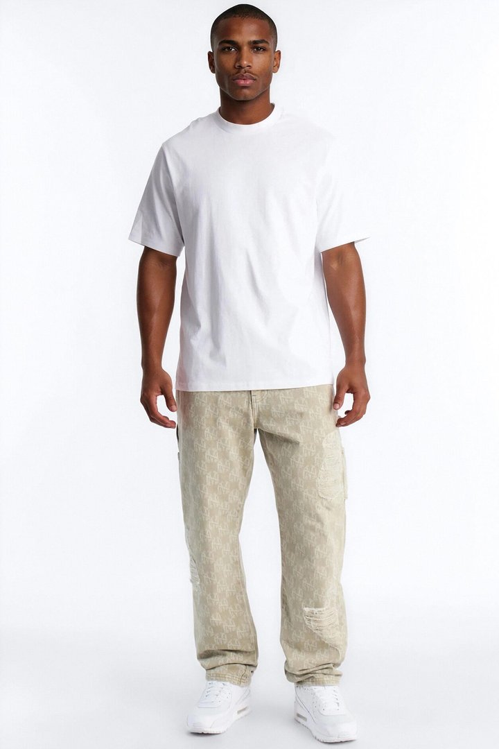 Straight Break Wide Monogram Distressed Jean - Sage