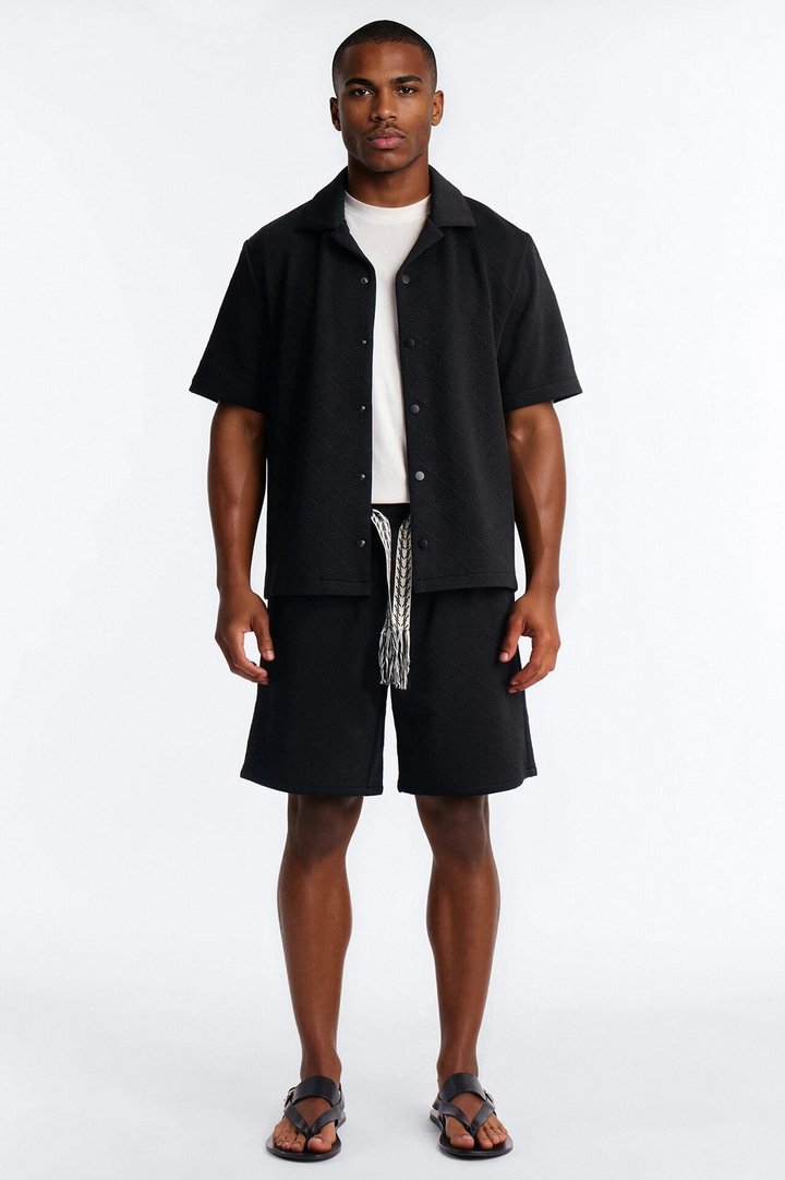 Duke Textured Cuban Button Up Shirt - Black