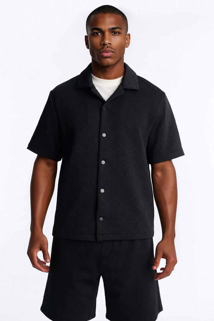 Duke Textured Cuban Button Up Shirt - Black