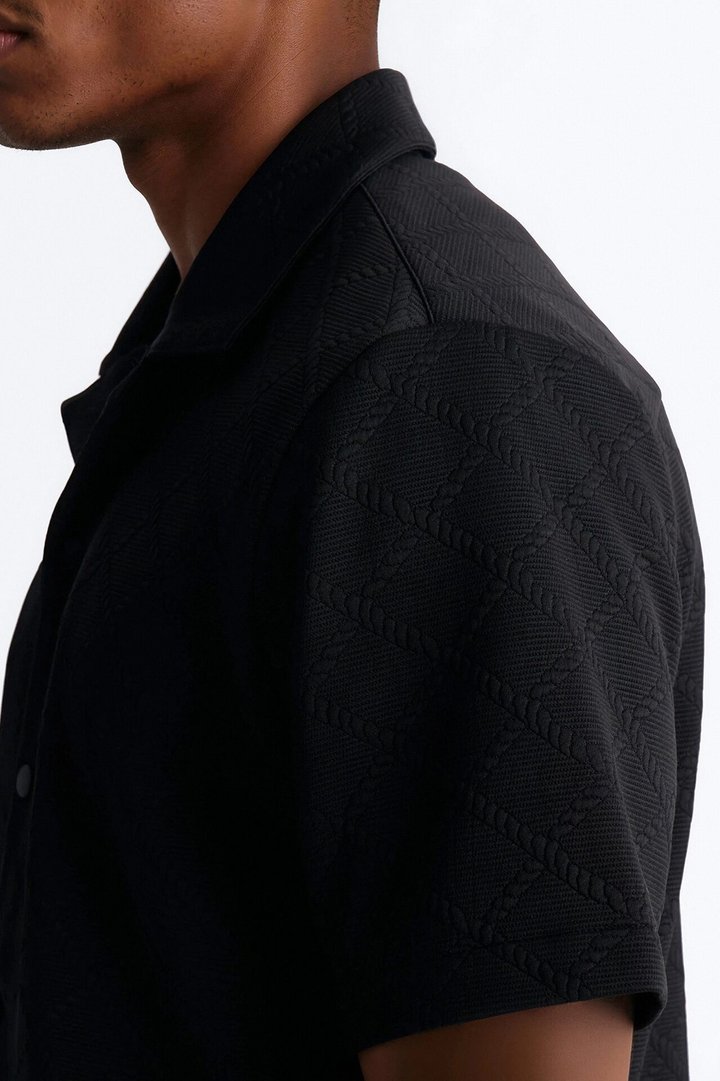 Duke Textured Cuban Button Up Shirt - Black