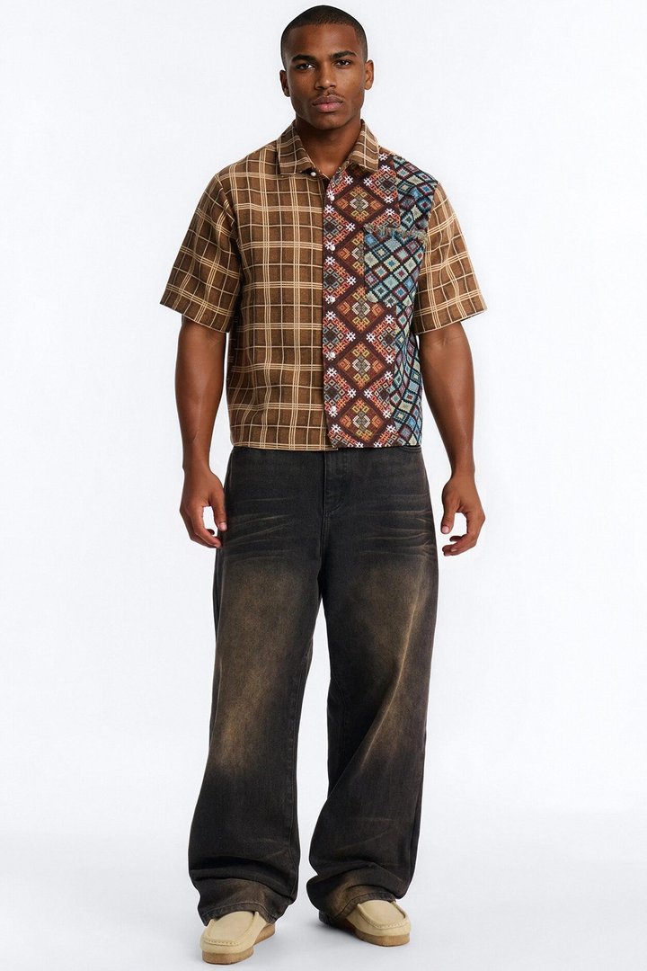 Trippy Mixed Media Button Up Shirt - Brown