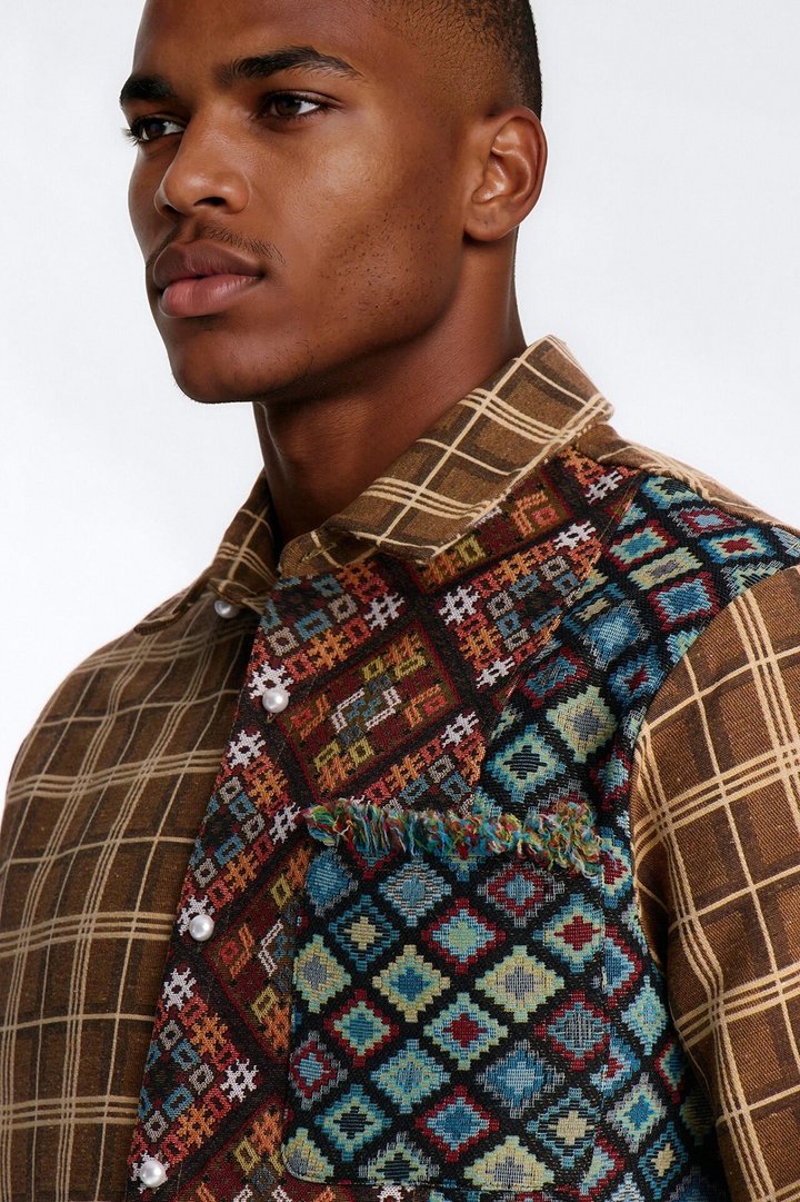 Trippy Mixed Media Button Up Shirt - Brown