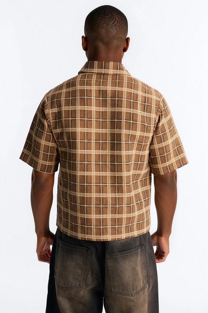 Trippy Mixed Media Button Up Shirt - Brown