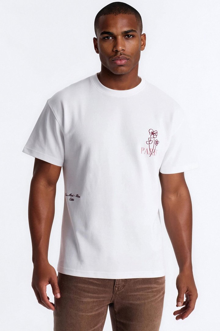 Paris Serene Corner Embroidery Heavy Weight Short Sleeve Tee - White