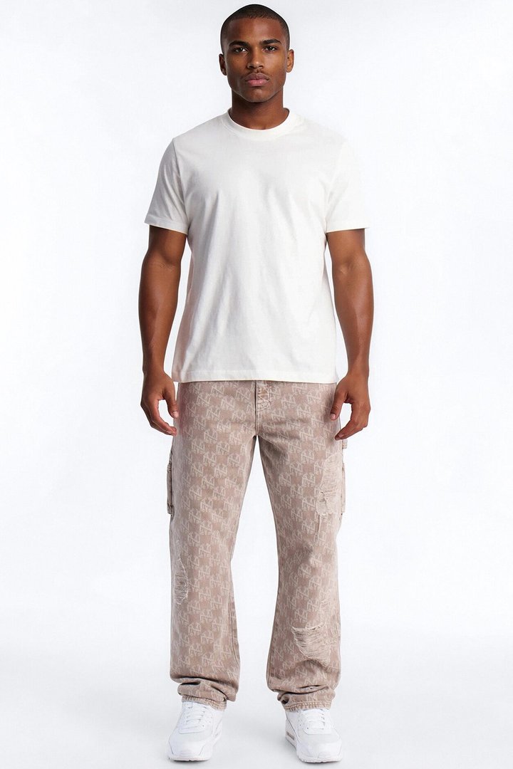 Straight Break Wide Monogram Distressed Jean - Khaki