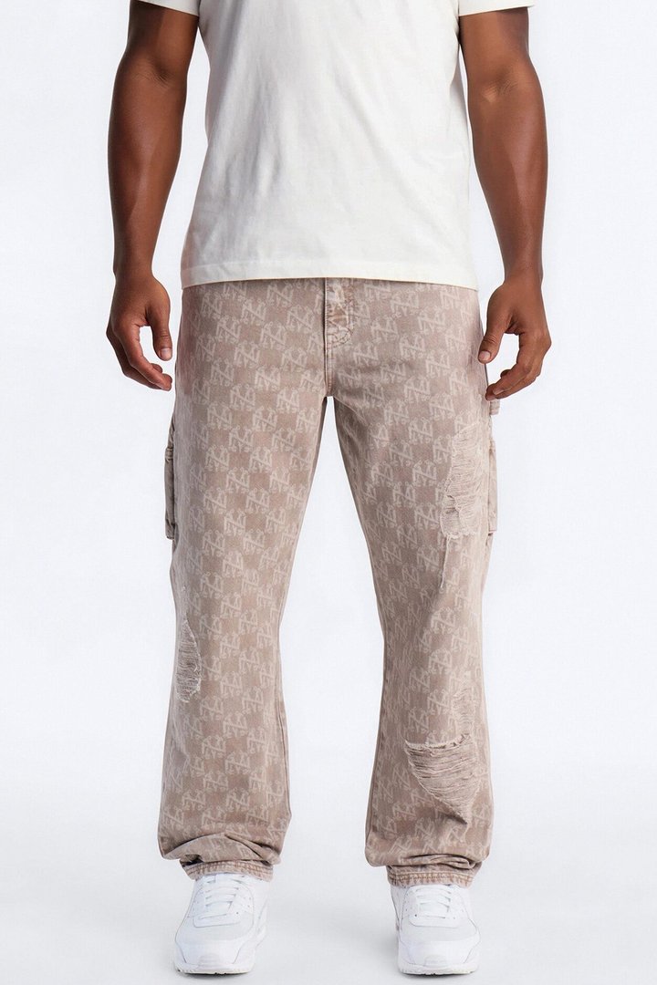 Straight Break Wide Monogram Distressed Jean - Khaki