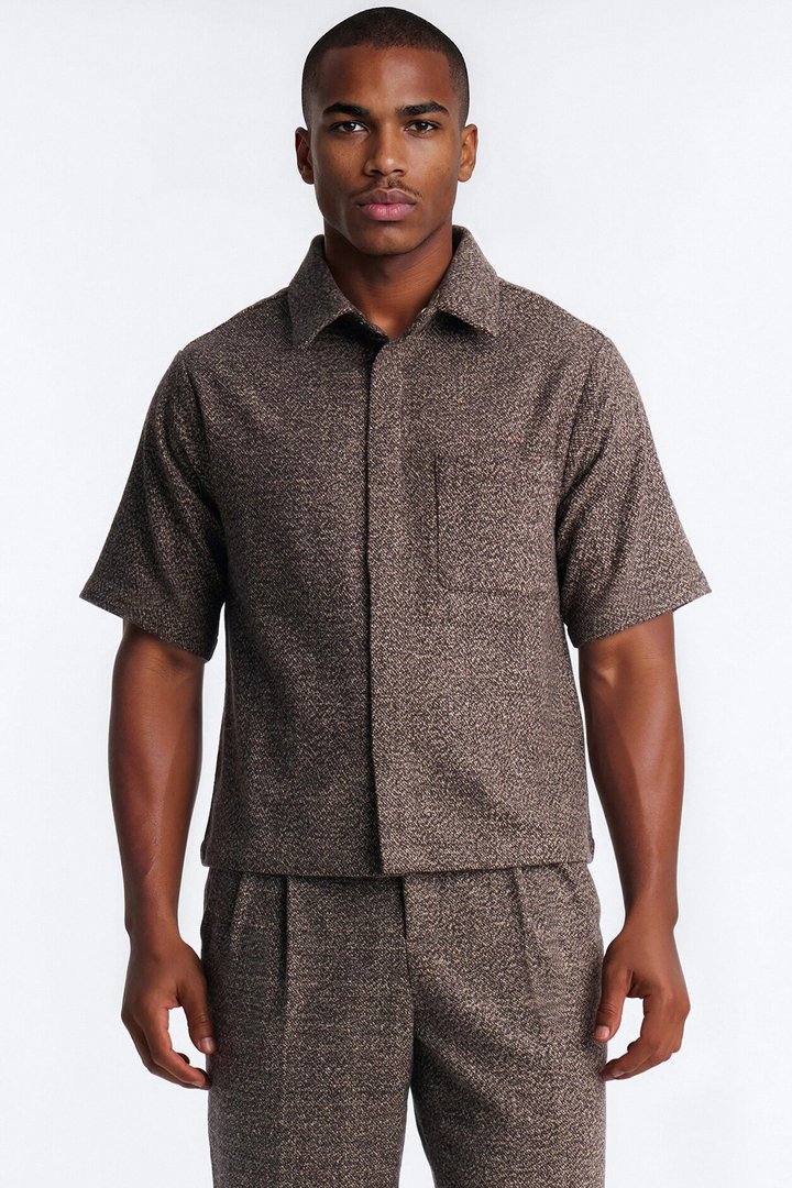 Heathered Faux Wool Button Up Shirt - Brown/combo