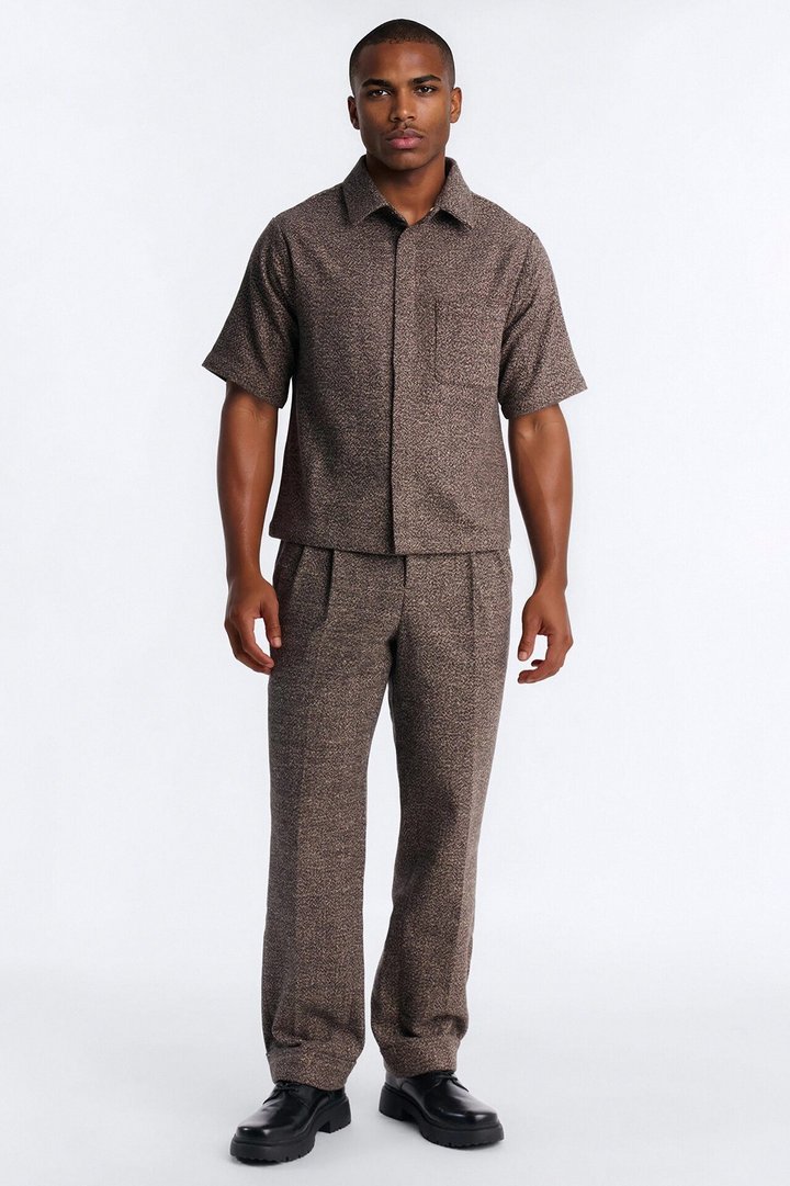 Heathered Faux Wool Button Up Shirt - Brown/combo