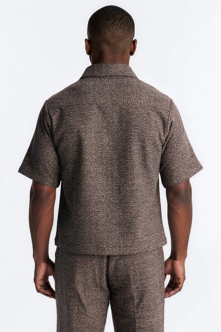 Heathered Faux Wool Button Up Shirt - Brown/combo
