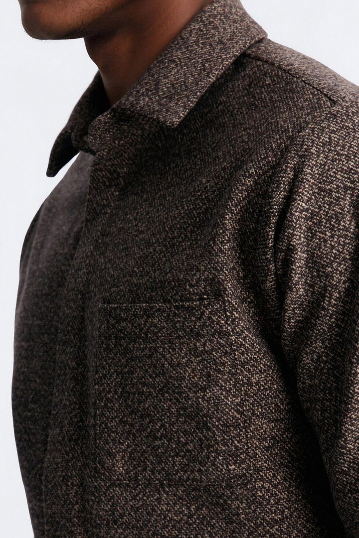 Heathered Faux Wool Button Up Shirt - Brown/combo
