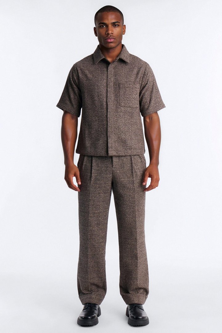 Straight Heathered Faux Wool Cuffed Trouser - Brown/combo