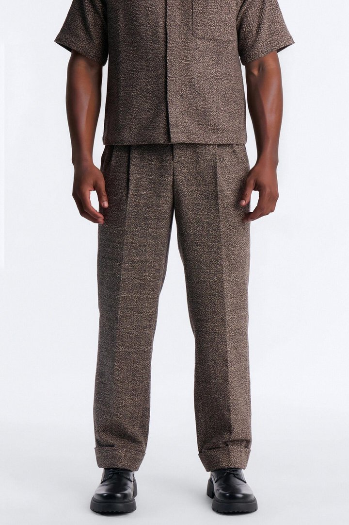 Straight Heathered Faux Wool Cuffed Trouser - Brown/combo