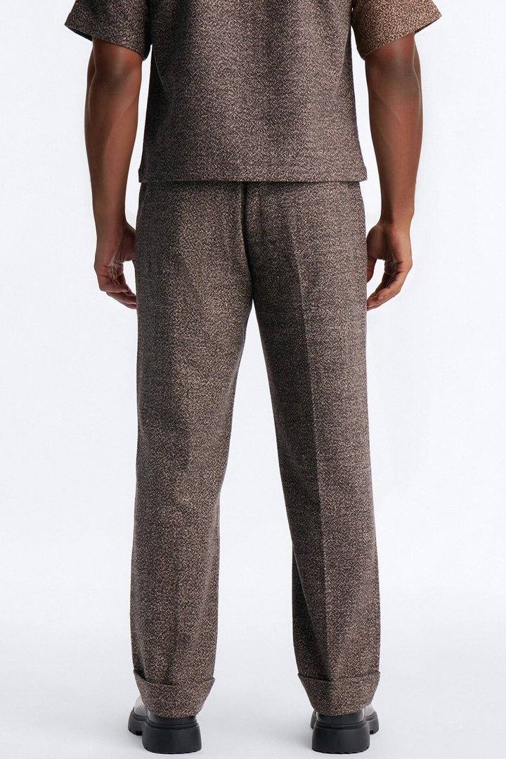 Straight Heathered Faux Wool Cuffed Trouser - Brown/combo