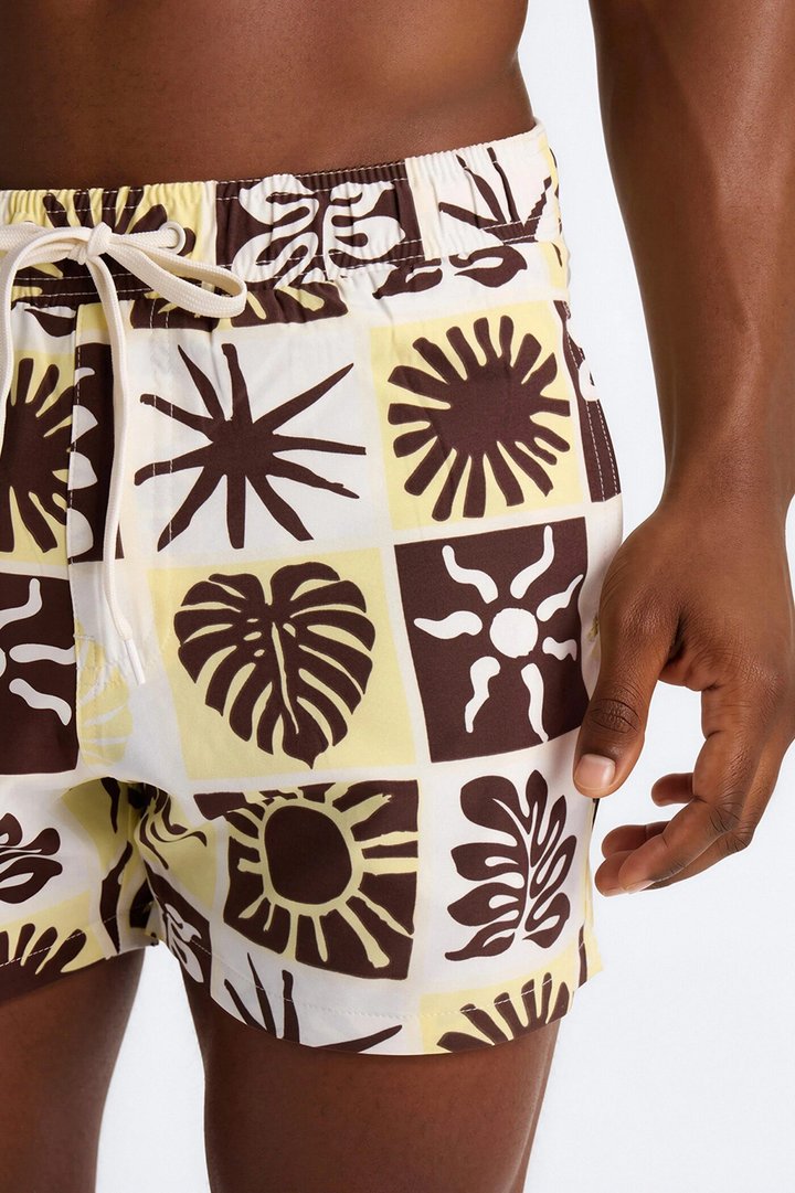 Solar Foliage Checkered Swim Trunk 4″ - Brown