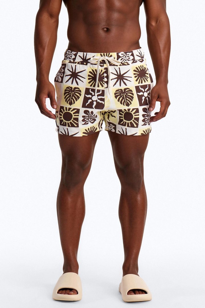 Solar Foliage Checkered Swim Trunk 4″ - Brown