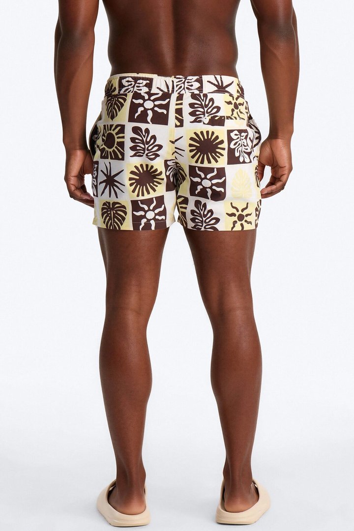 Solar Foliage Checkered Swim Trunk 4″ - Brown