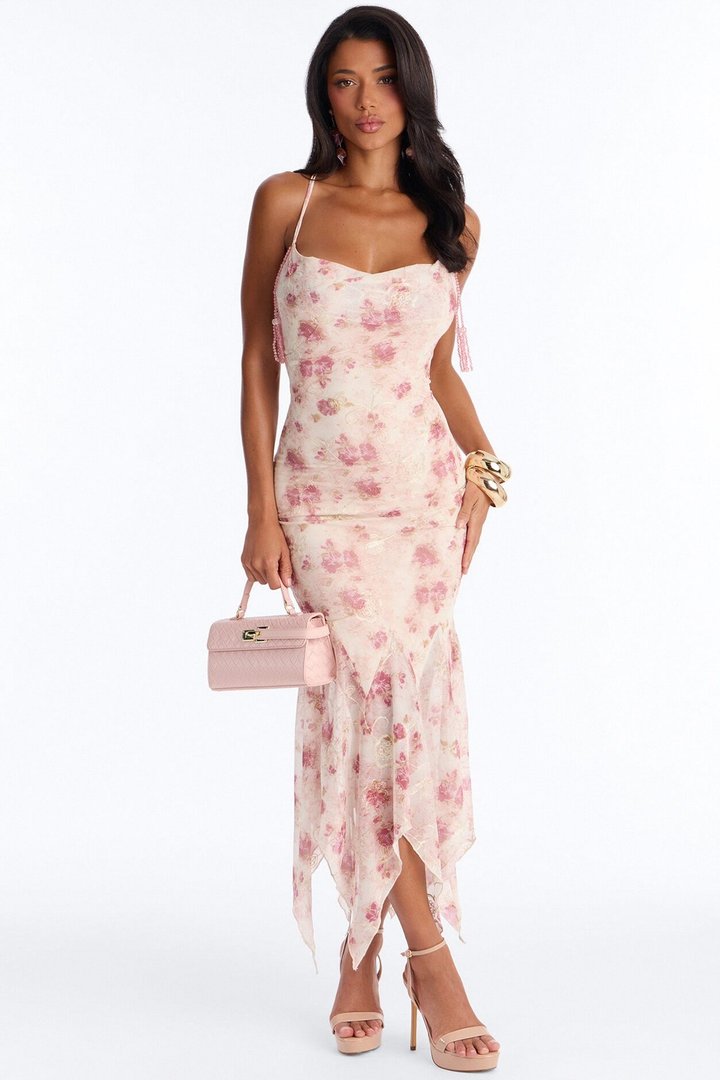 Jenna Floral Embroidered Mesh Midi Dress - Pink