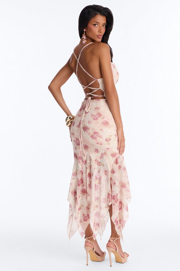 Jenna Floral Embroidered Mesh Midi Dress - Pink