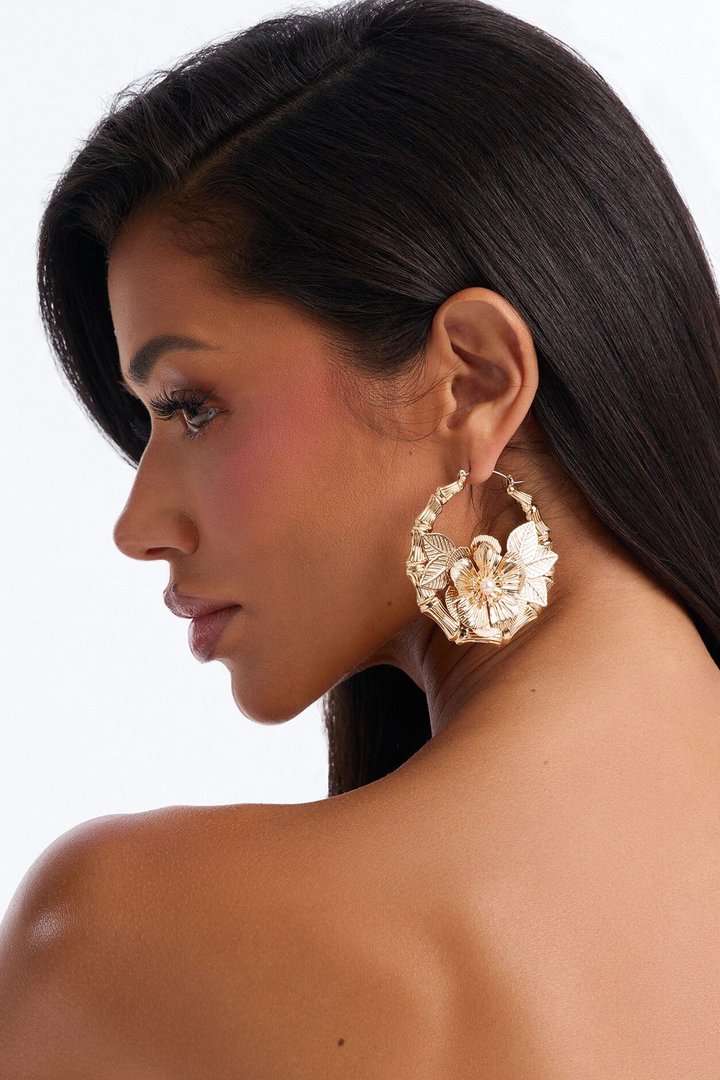 Bamboo Flower Hoop Earrings - Gold