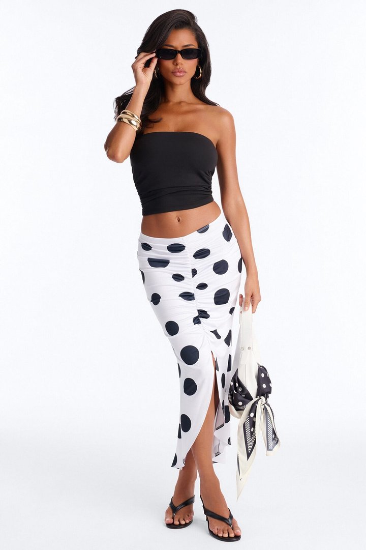 Mila Ruched Polka Dot Midi Skirt - White/Black