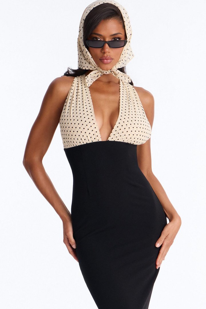 Demi Polka Dot Headscarf & Midi Dress - Black/combo