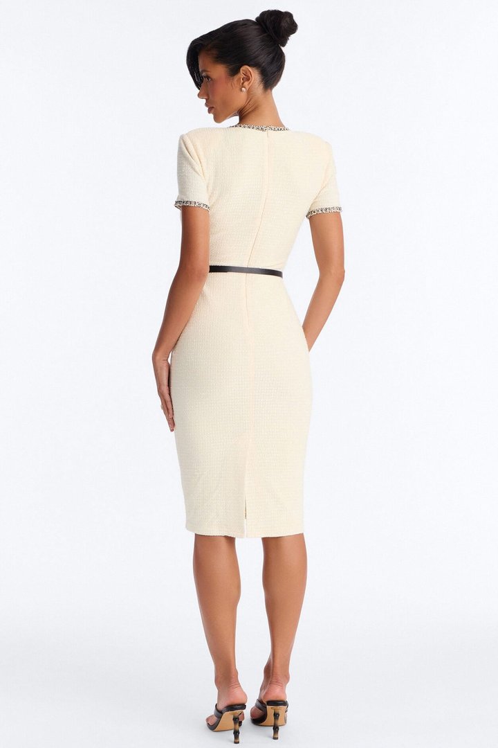 Monique Short Sleeve Tweed Midi Dress - Cream