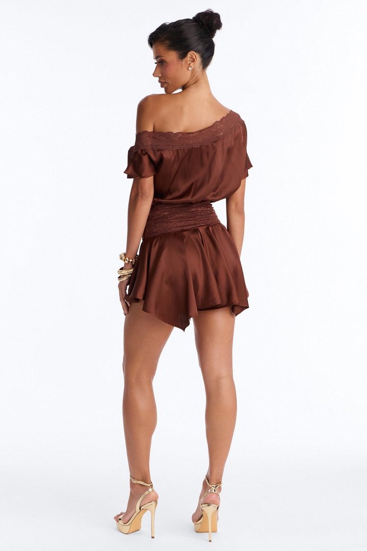 Irina Satin Off Shoulder Lace Romper - Chocolate