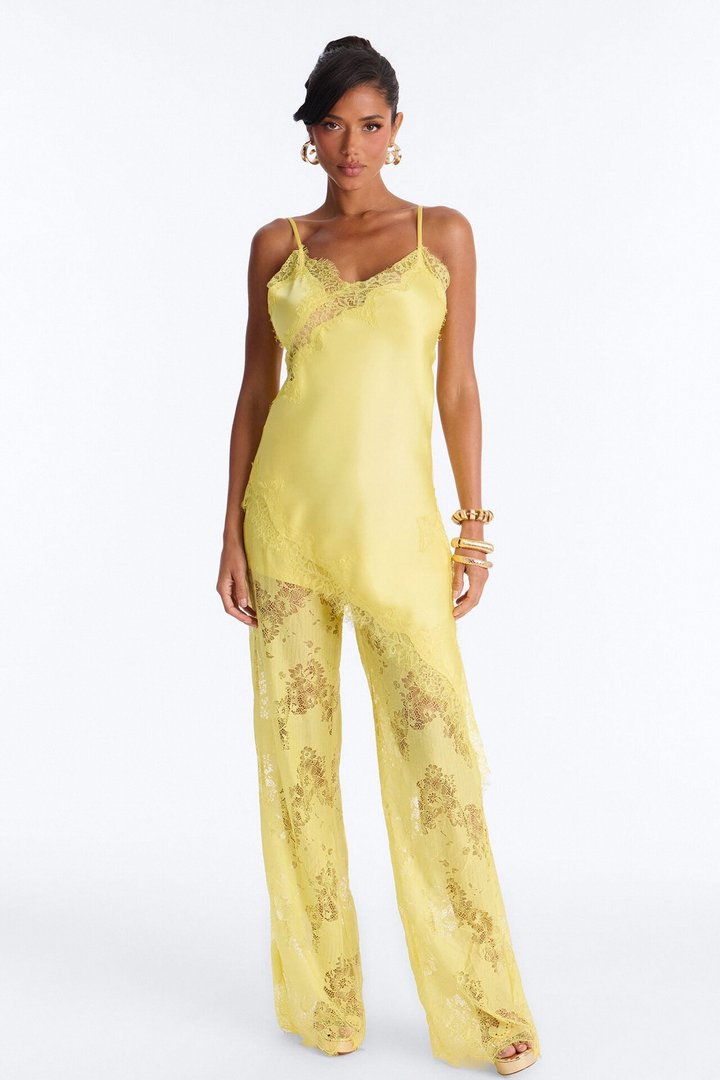 Yasmin Satin Lace Pant Set - Yellow