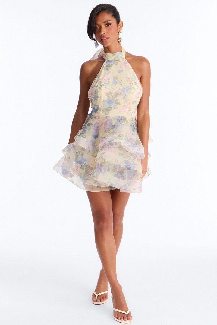 Maria Backless Floral Organza Mini Dress - Butter Yellow