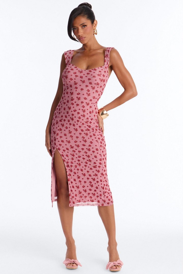 Adrienne Printed Mesh Midi Dress - Pink/combo