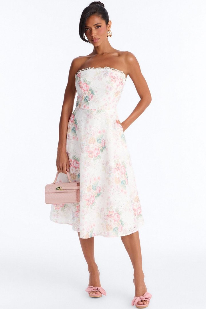 Kallie Floral Eyelet Midi Dress - White/combo