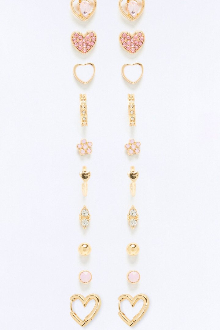 Beloved Hearts 10 Pair Multi Earring Set - Gold/Pink
