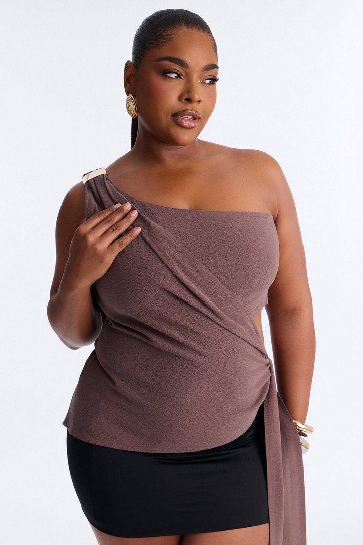 Beautifully Balanced One Shoulder Hardware Linen Top - Chocolate