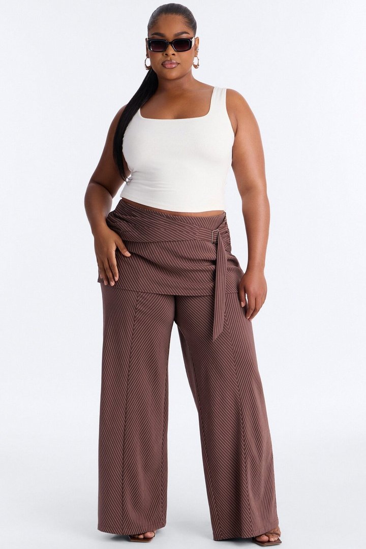 Cummerbund Wrap Waist Skirt Trouser - Brown