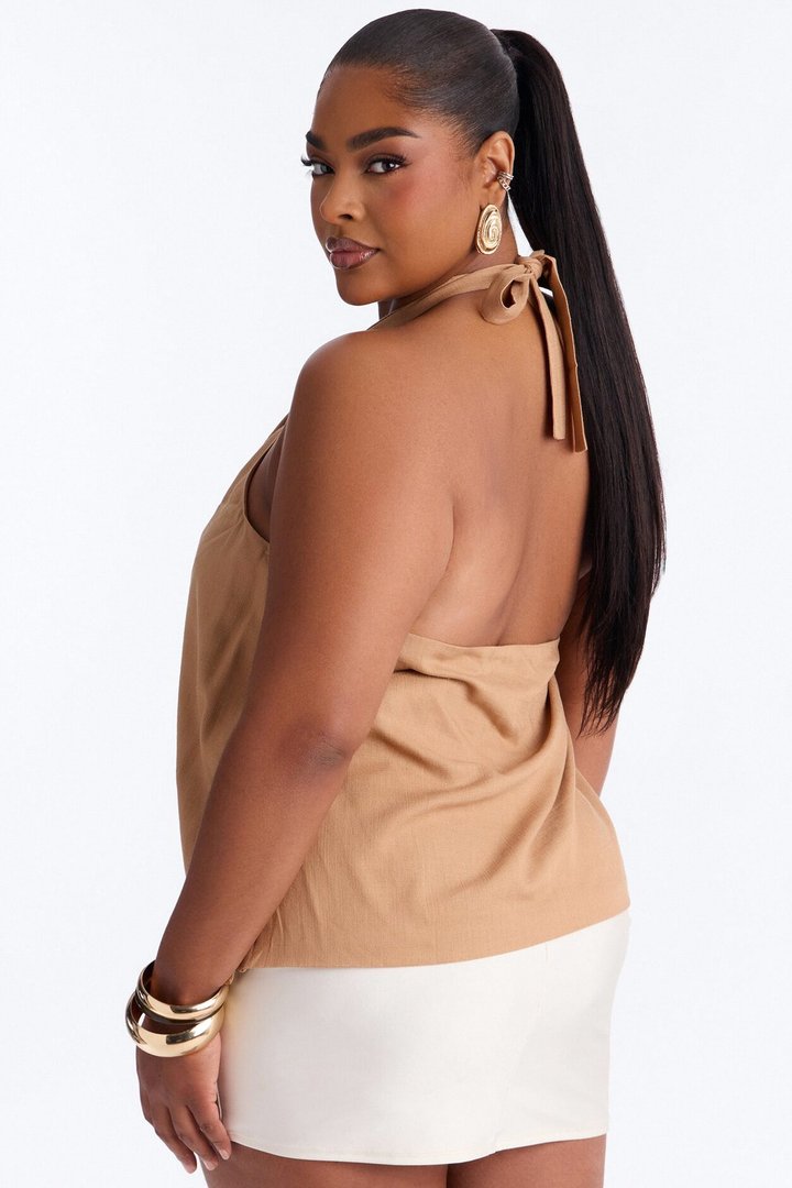 Iced Coffee Beaded Linen Halter Top - Camel